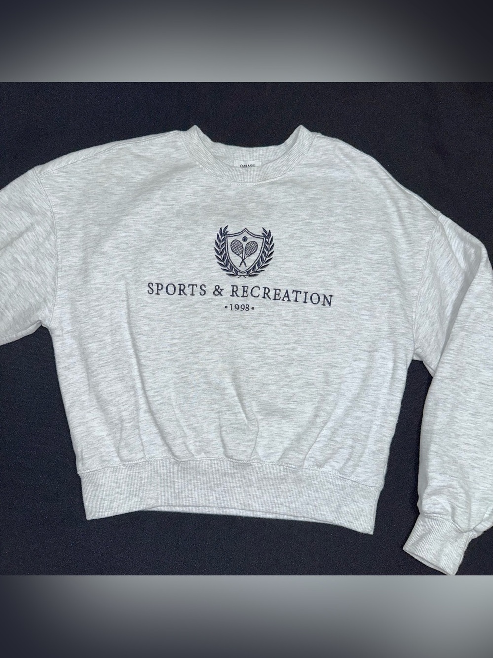 Garage Light Heather Gray Crewneck Sweatshirt with Navy Country Club Crest XS